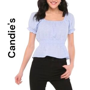 Candie's | Women's Eyelet Peplum Short Sleeve Top Blouse | Light Blue | Medium